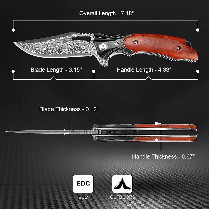 Zingbee Damascus Pocket Knife for Men Women, Wood Handle Folding Knife with Sheath, 3.15" Damascus Steel Blade Pocket Knives for Outdoor - Image 2
